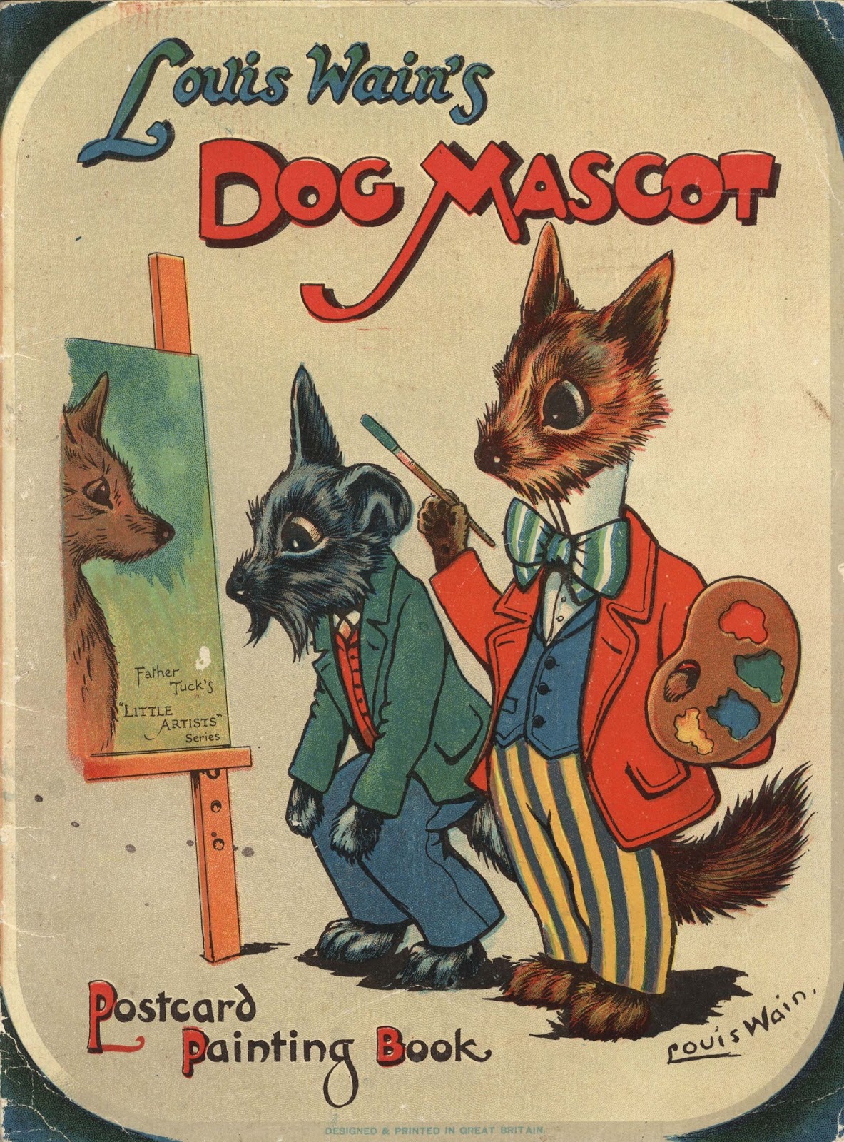 Louis Wain illustration with: 1910, 2subjects, book, book:dog_painting_book, book_cover, clothes, clothes:bowtie, color:black, color:brown, dog, humanised, mascot, painting, profile, recursion, shadow, signature