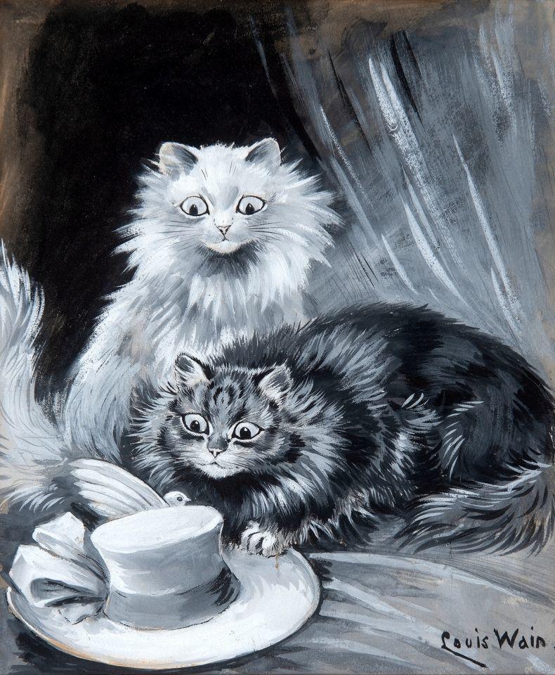 Louis Wain illustration with: 3subjects, bird, bird:pigeon, black_and_white, cat, clothes:hat, color:grey, color:white, indoors, profile, realistic, signature, smiling
