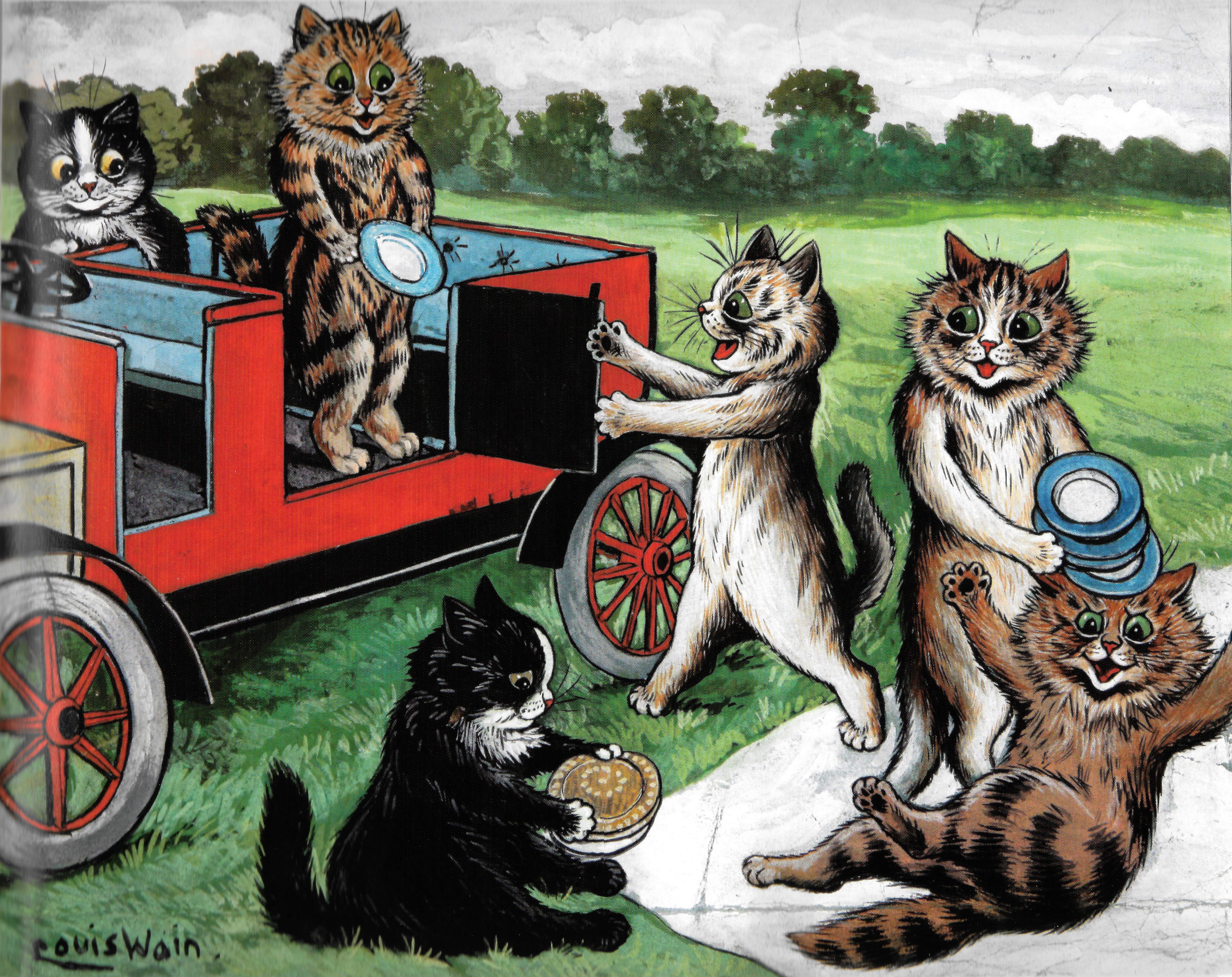 Louis Wain illustration with: 6subjects, car, carrying, cat, cat:tabby, cat:tuxedo, color:black, color:brown, humanised, meta:has_source, meta:needsyear, meta:ourscan, meta:scan_artifact, outdoors, picnic, profile, signature, smiling, unhappy