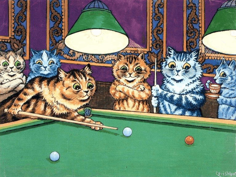 Louis Wain illustration with: 6subjects, cat, color:blue, color:brown, color:orange, drinking, humanised, indoors, meta:has_source, meta:needsyear, napsbury, postcard, profile, signature, smiling, sports, sports:pool, tea