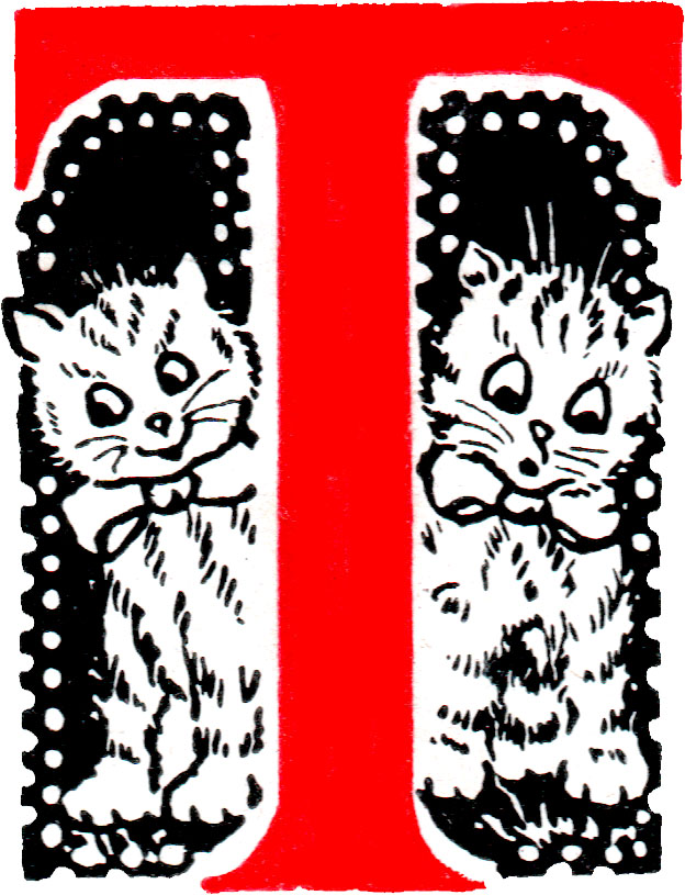 Louis Wain illustration with: 2subjects, 2tone, book, book:somebodys_pussies, cat, cat:tabby, clothes:bowtie, frightened, kitten, letters, meta:has_source, meta:ourscan, realistic, smiling