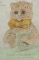 Louis Wain illustration with: 1subject, book, book_item, caption, cat, clothes:bowtie, color:brown, humanised, kitten, meta:lowquality, meta:needstitle, meta:needsyear, portrait, postcard, realistic, smiling, writing
