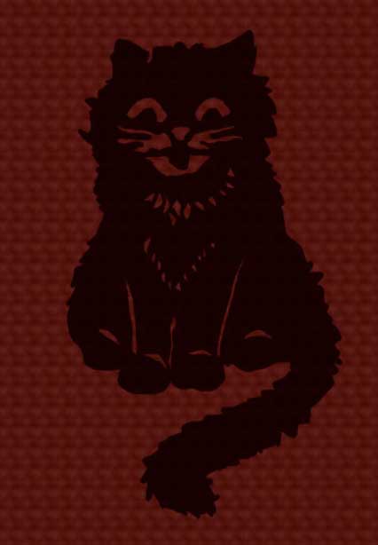 Louis Wain illustration with: 1subject, book, book:somebodys_pussies, cat, cat:tuxedo, color:black, meta:composite, meta:needstitle, realistic, smiling