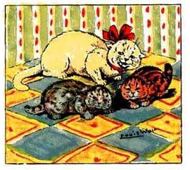 Louis Wain illustration with: 3subjects, book, book:the_louis_wain_kitten_book, cat, cat:tabby, clothes:bowtie, color:grey, color:orange, color:white, color:yellow, indoors, kitten, meta:has_source, meta:lowquality, meta:needsyear, realistic, signature
