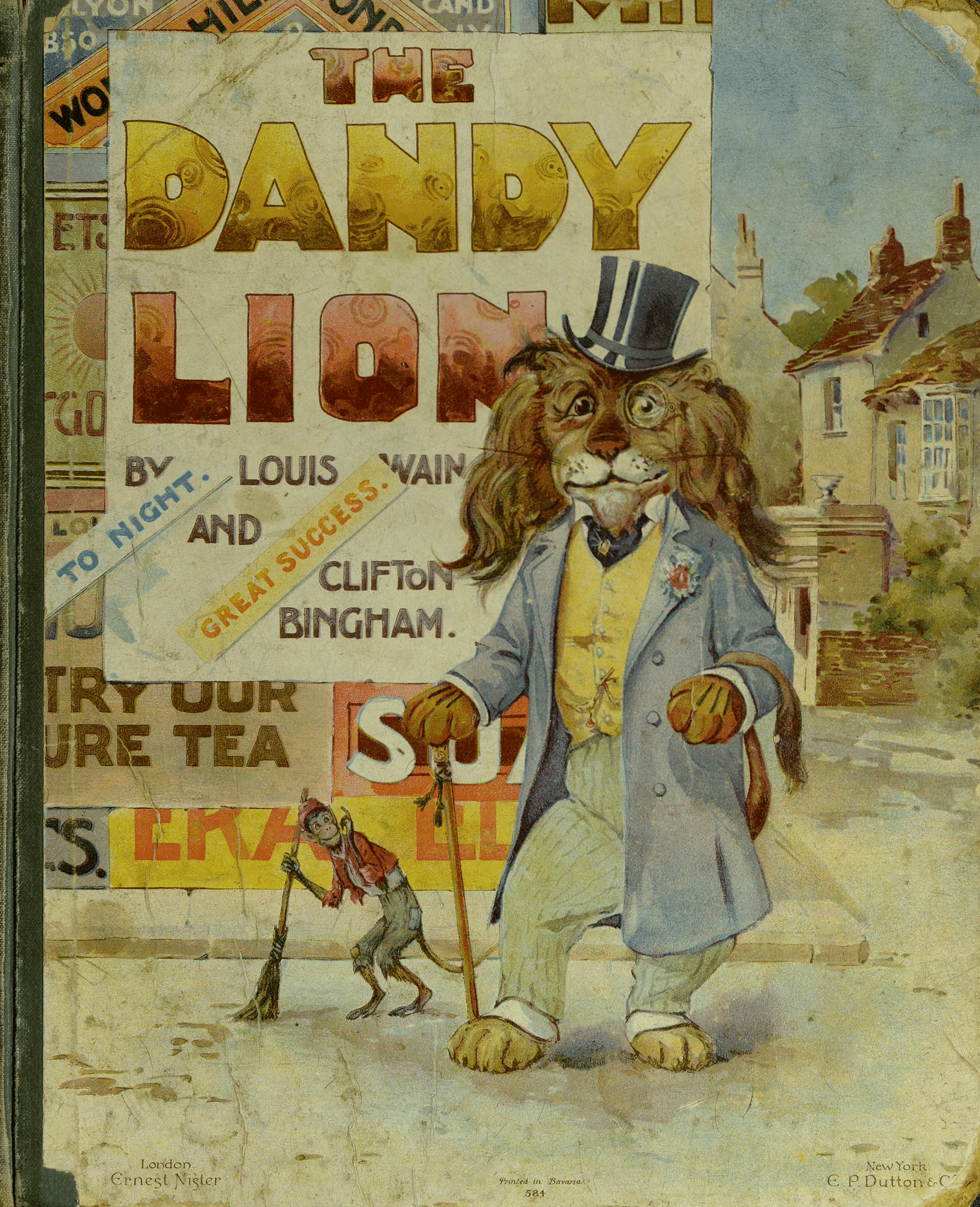 Louis Wain illustration with: 1901, 2subjects, black_and_white, book, book:the_dandy_lion, book_cover, cane, clothes, clothes:hat, clothes:monocle, color:brown, color:yellow, house, humanised, lion, monkey, outdoors, sign, smiling