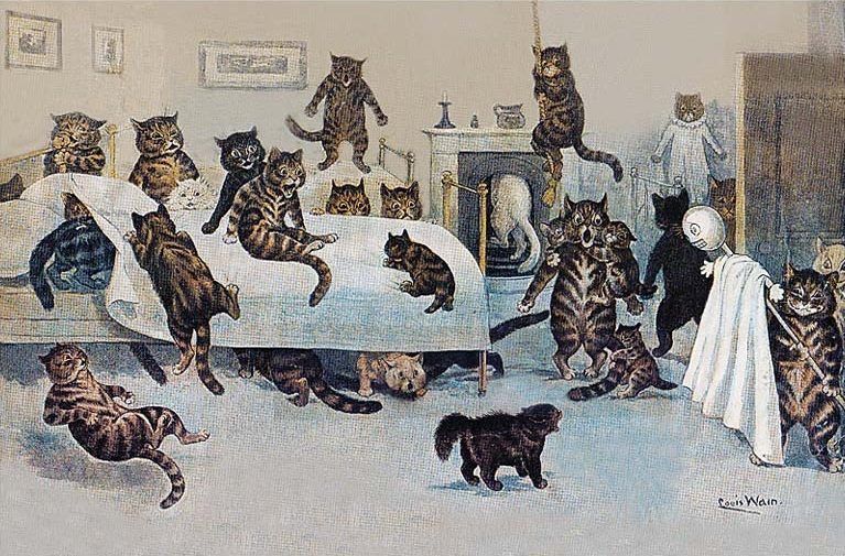Louis Wain illustration with: carrying, cat, cat:tabby, clothes, color:black, color:blue, color:brown, color:white, frightened, horror, humanised, indoors, kitten, manysubjects, meta:needstitle, meta:needsyear, profile, scarecrow, signature, smiling
