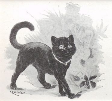 Louis Wain illustration with: 1902, 1subject, black_and_white, cat, color:black, meta:has_source, meta:lowquality, meta:needstitle, outdoors, realistic, signature, smiling