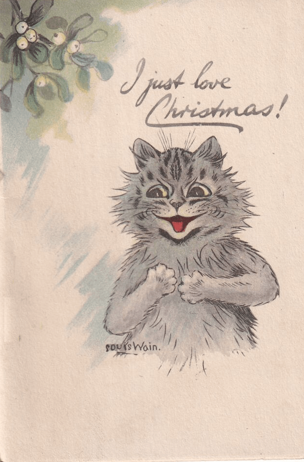 Louis Wain illustration with: 1915, 1subject, caption, cat, cat:tabby, christmas, color:grey, humanised, meta:has_source, postcard, signature, smiling