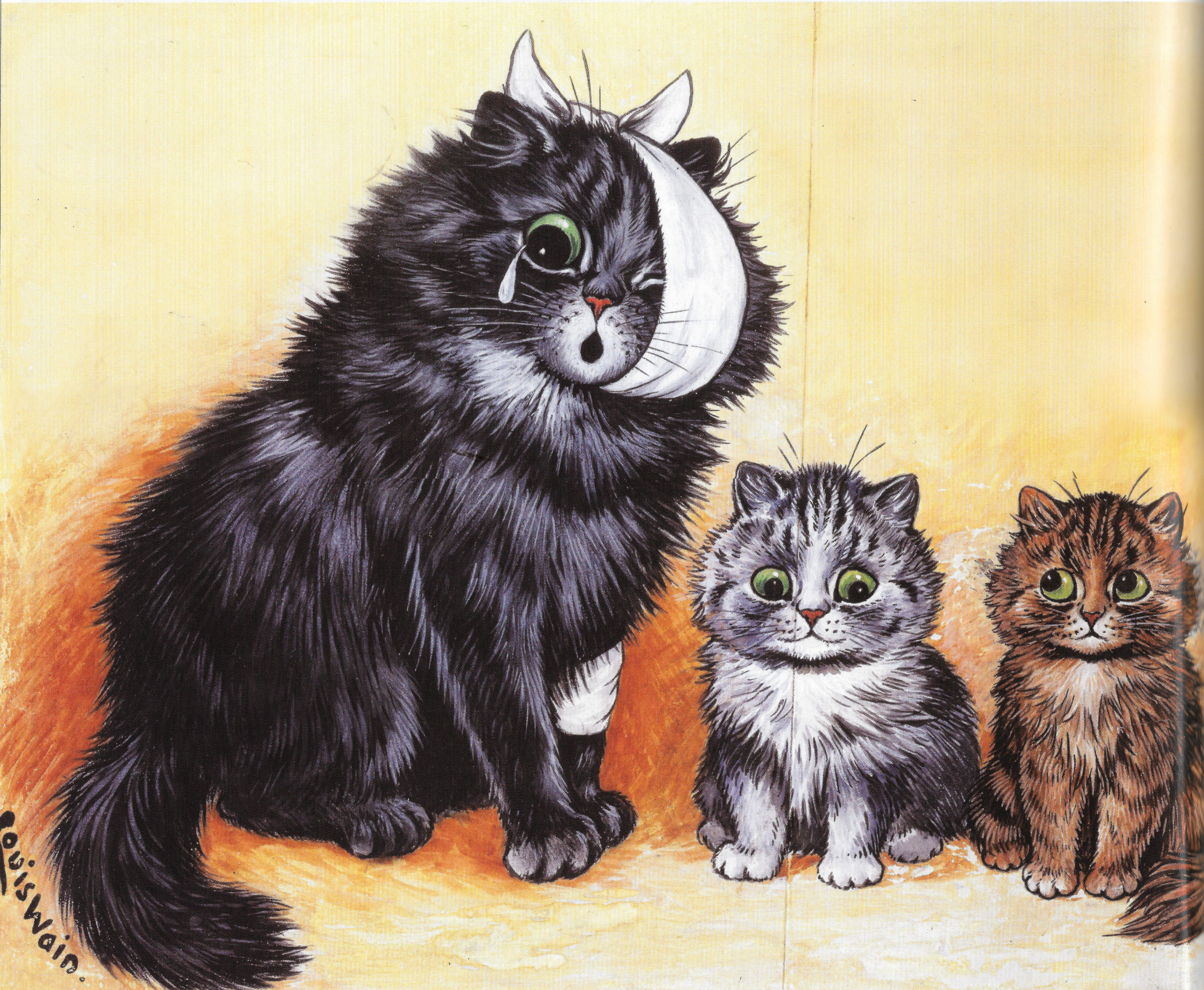 Louis Wain illustration with: 3subjects, bandage, cat, cat:tabby, clothes:eyepatch, color:black, color:brown, color:white, crying, kitten, meta:has_source, meta:needsyear, meta:ourscan, signature, smiling, unhappy