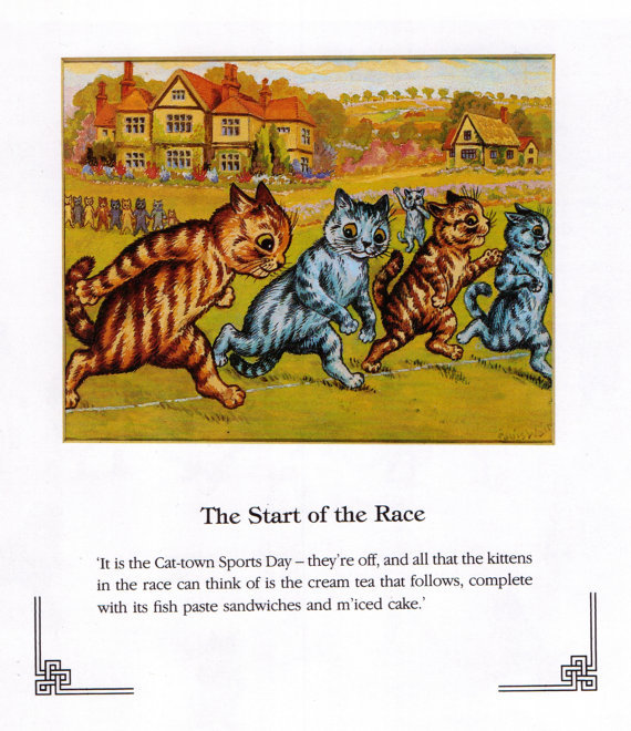 Louis Wain illustration with: book, book:unknown, caption, cat, cat:tabby, color:blue, color:brown, house, humanised, manysubjects, meta:has_source, meta:lowquality, meta:needsyear, napsbury, outdoors, profile, smiling, sports, sports:racing, waving
