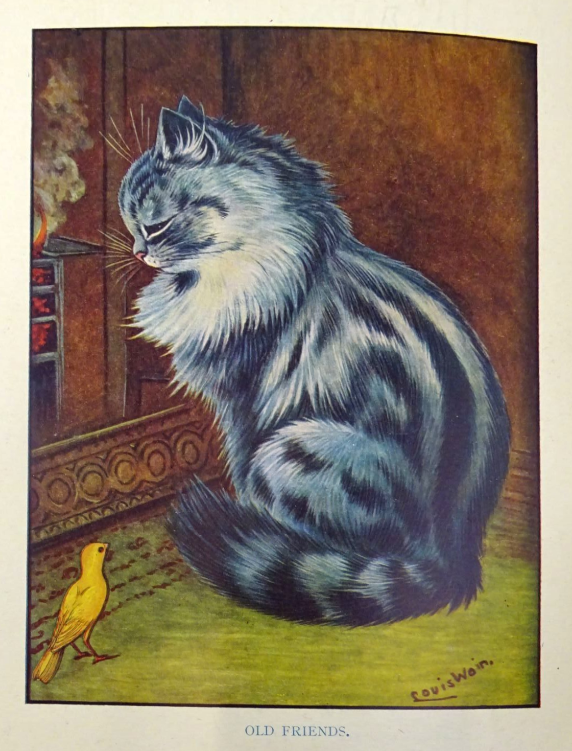 Louis Wain illustration with: 1923, 2subjects, bird, bird:Canary, book, book:unknown, caption, cat, cat:tabby, color:blue, color:yellow, indoors, profile, realistic, signature