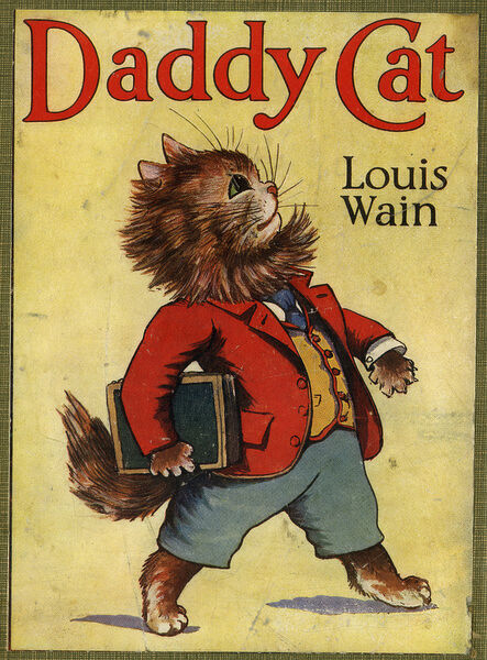 Louis Wain illustration with: 1subject, book, book:daddy_cat, book_cover, carrying, cat, clothes, color:brown, humanised, meta:has_source, meta:lowquality, meta:needsyear, profile, smiling