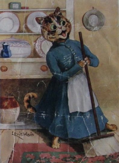 Louis Wain illustration with: 1910, 1subject, cat, cat:calico, clothes, color:brown, humanised, indoors, meta:has_source, meta:lowquality, meta:needstitle, signature, smiling