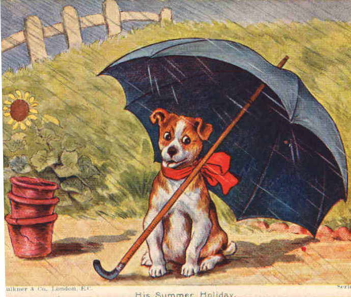 Louis Wain illustration with: 1subject, caption, clothes:bowtie, color:brown, dog, flower, meta:needsyear, outdoors, portrait, postcard, rain, realistic, shadow, smiling, tongue_out, umbrella