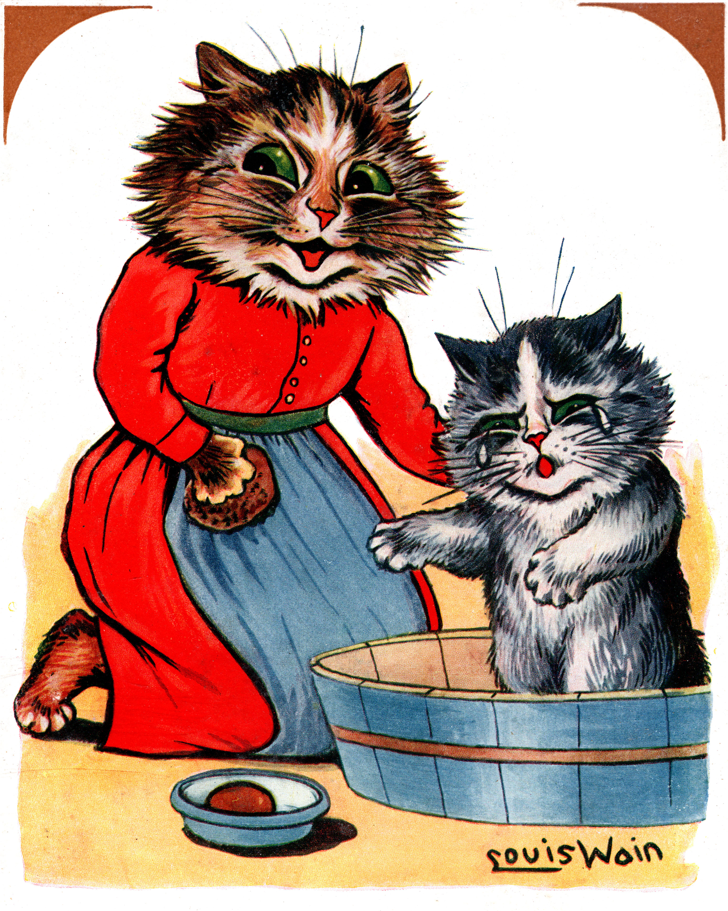 Louis Wain illustration with: 2subjects, book, book:somebodys_pussies, cat, cat:tuxedo, clothes, color:brown, crying, humanised, kitten, meta:has_source, meta:ourscan, signature, smiling, unhappy, wet