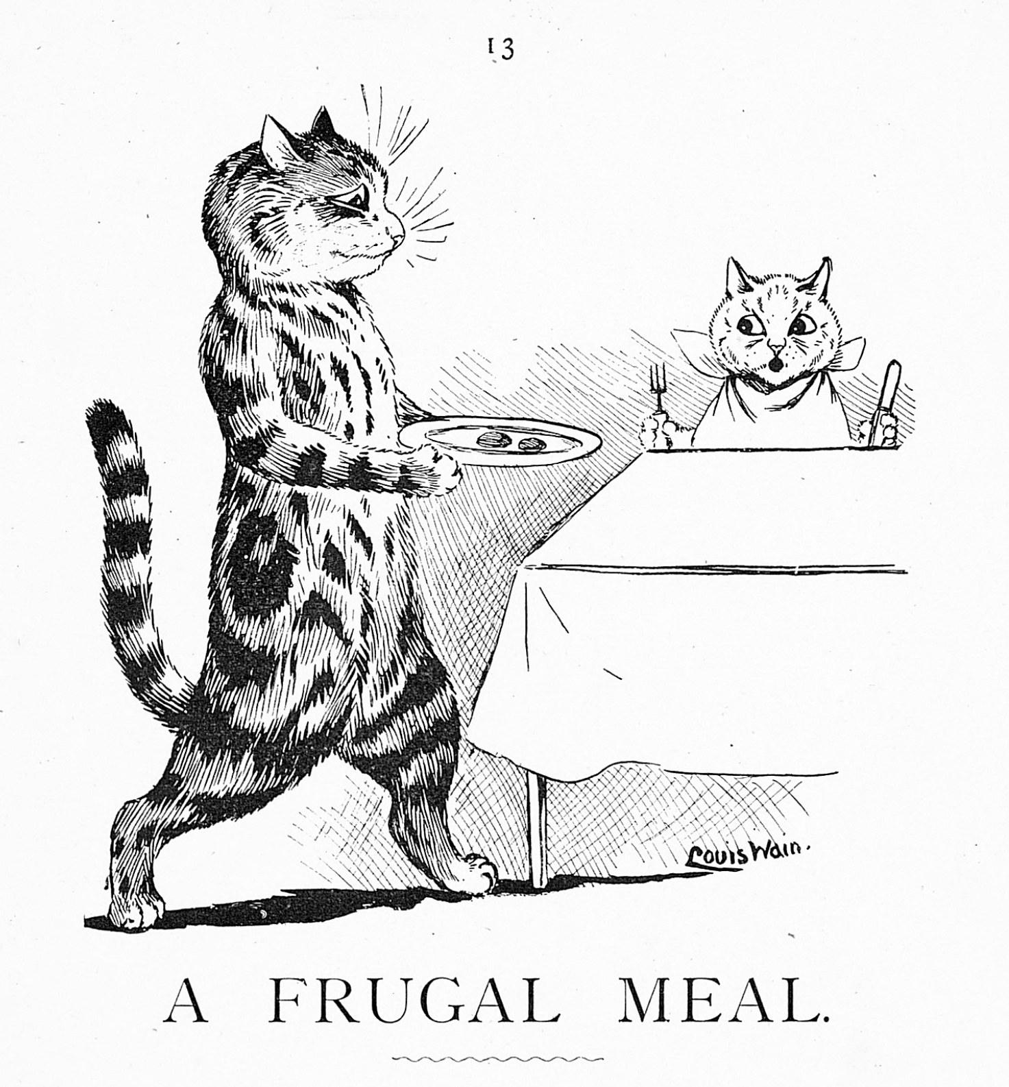 Louis Wain illustration with: 1899, 2subjects, black_and_white, book, book:pussies_and_puppies, caption, cat, cat:tabby, color:white, humanised, indoors, knife, meta:has_source, profile, shadow, signature, unhappy
