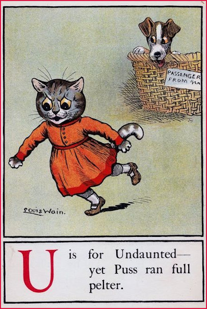 Louis Wain illustration with: 1913, 2subjects, book, book:a_cat_alphabet, caption, cat, clothes, color:brown, color:grey, dog, frightened, humanised, meta:has_source, meta:lowquality, sign, signature, tongue_out, unhappy