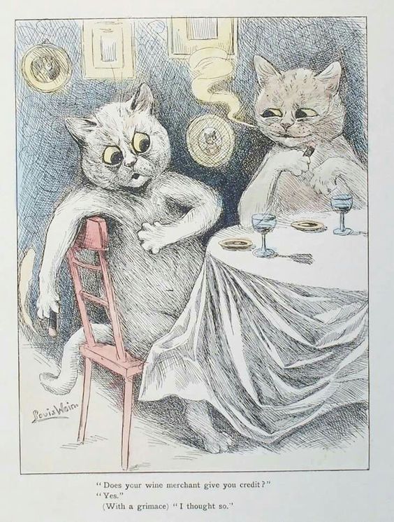 Louis Wain illustration with: 2subjects, book, book:unknown, caption, cat, color:orange, color:white, drunk, humanised, indoors, meta:needsyear, signature, smiling, smoking, unhappy