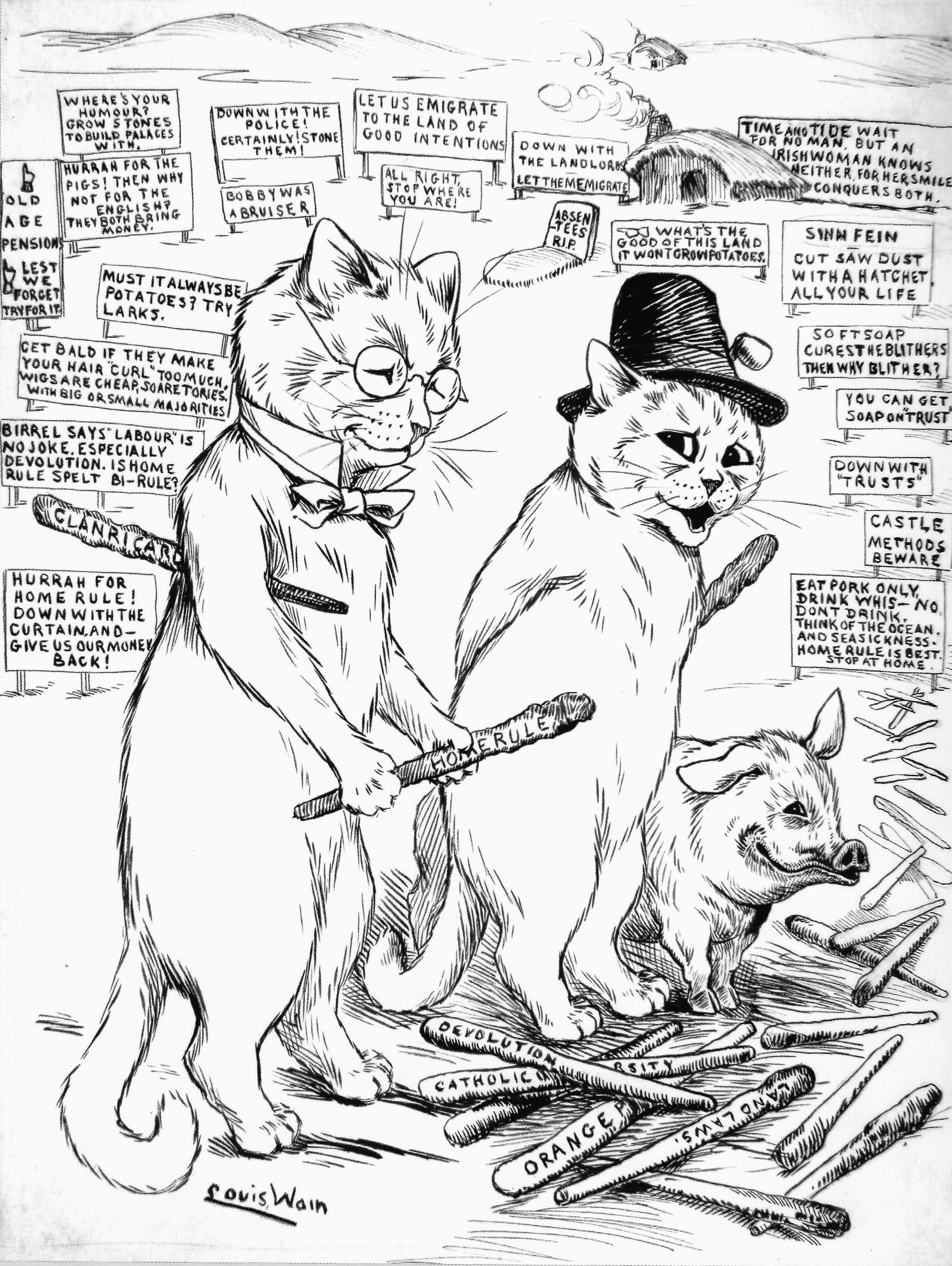 Louis Wain illustration with: 3subjects, black_and_white, caption, cat, clothes:bowtie, clothes:glasses, clothes:hat, color:white, house, humanised, meta:has_source, meta:needsyear, meta:ourscan, outdoors, pig, profile, sign, signature, smiling, subject:politics