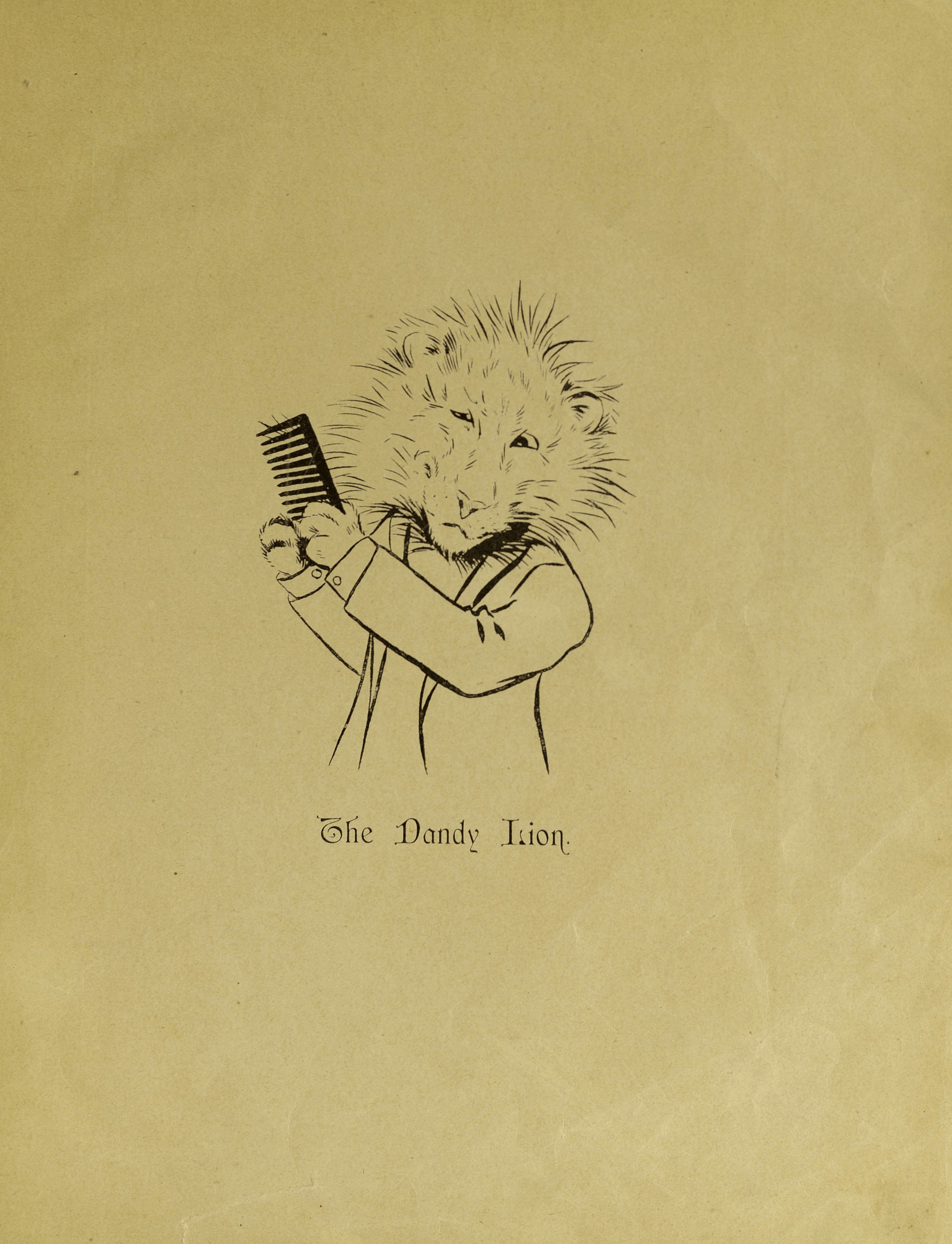 Louis Wain illustration with: 1901, 1subject, black_and_white, book, book:the_dandy_lion, caption, clothes, color:white, grooming, humanised, lion, portrait