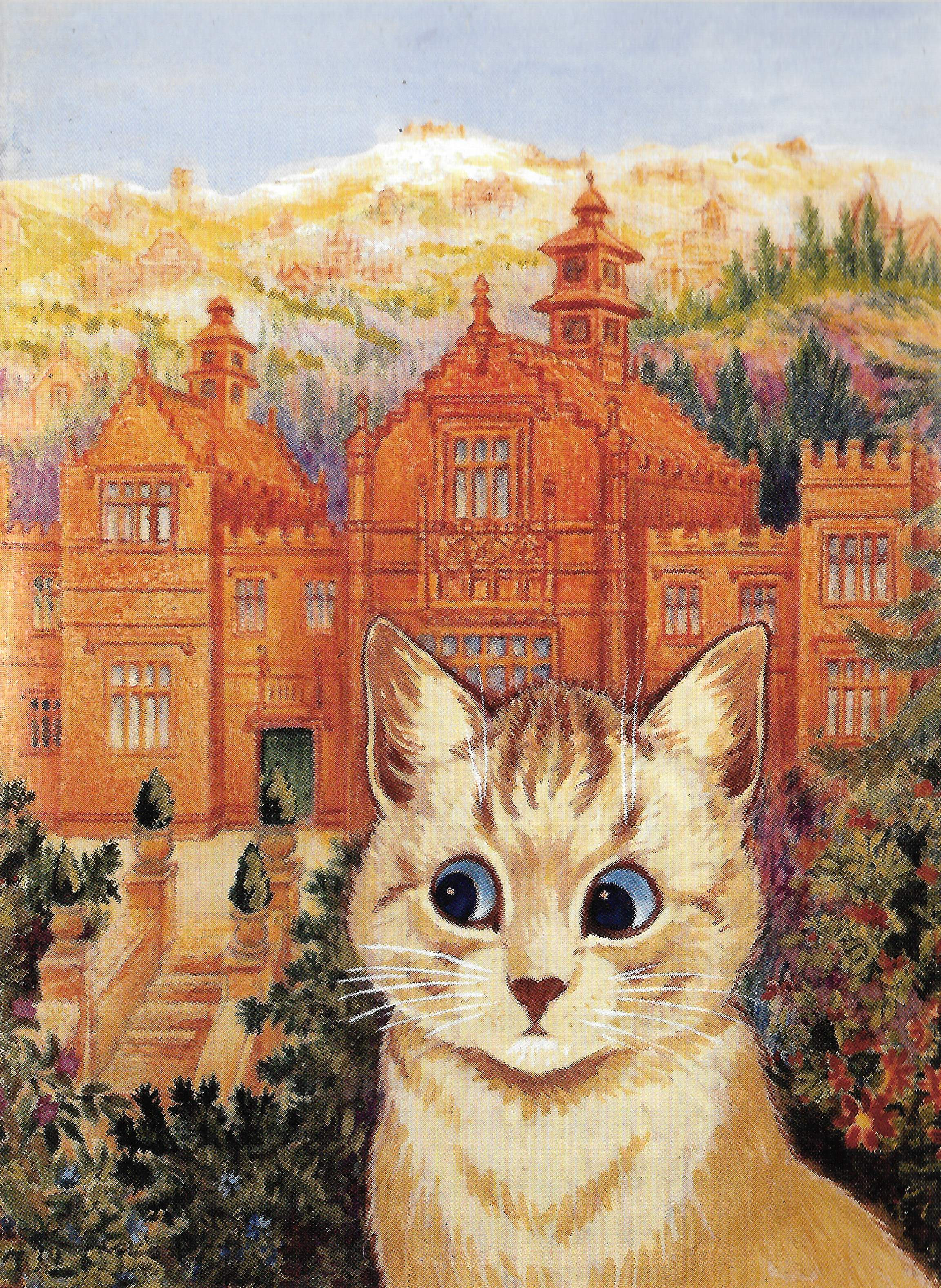 Louis Wain illustration with: 1subject, cat, cat:tabby, color:white, color:yellow, flower, house, meta:has_source, meta:needstitle, meta:needsyear, meta:ourscan, meta:wallpaper, napsbury, outdoors, portrait, realistic