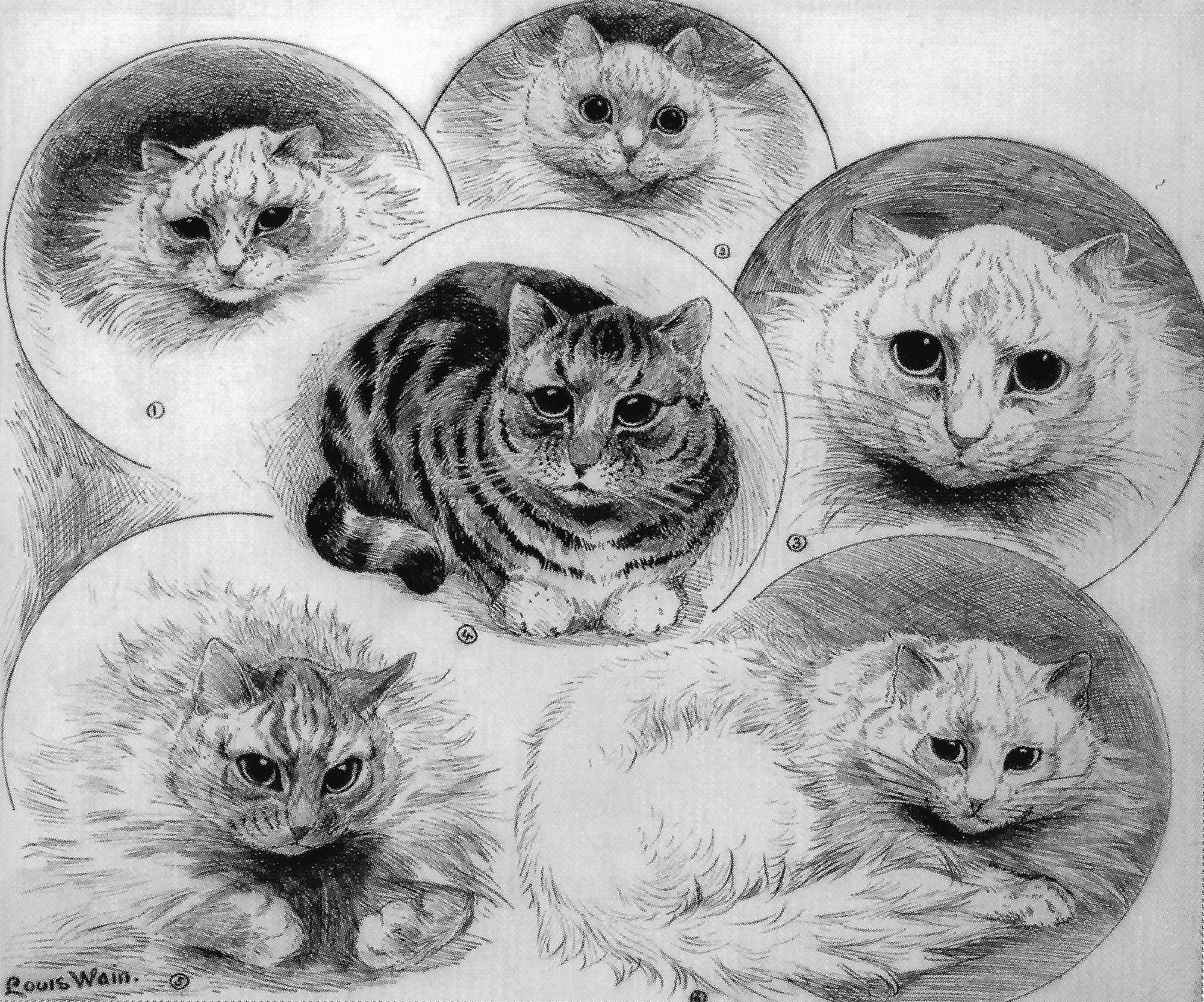 Louis Wain illustration with: 6subjects, black_and_white, cat, cat:persian, cat:tabby, color:white, meta:has_source, meta:needsyear, meta:ourscan, portrait, realistic, signature