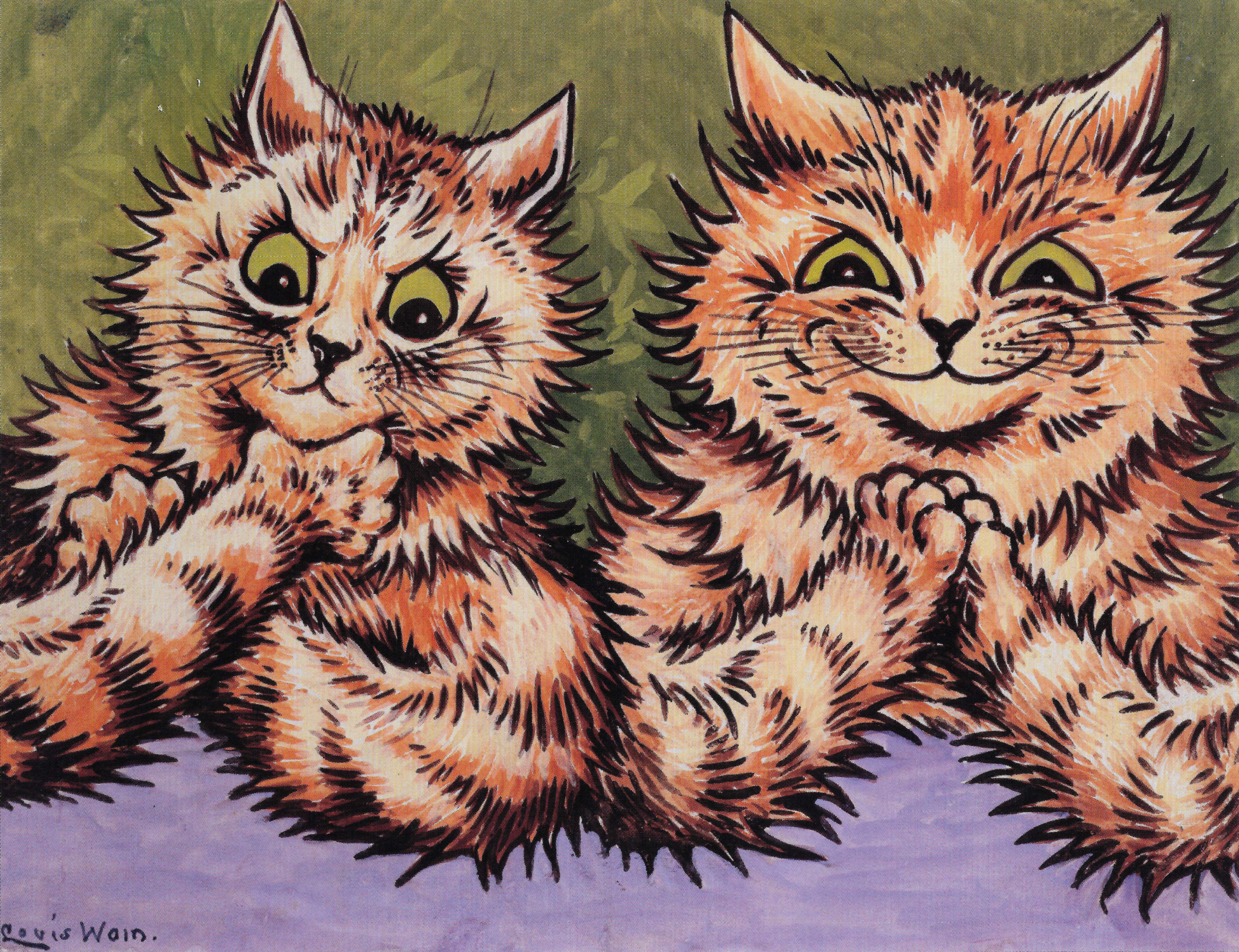 Louis Wain illustration with: 2subjects, cat, cat:tabby, color:brown, humanised, meta:has_source, meta:needstitle, meta:needsyear, meta:ourscan, meta:wallpaper, napsbury, signature, smiling
