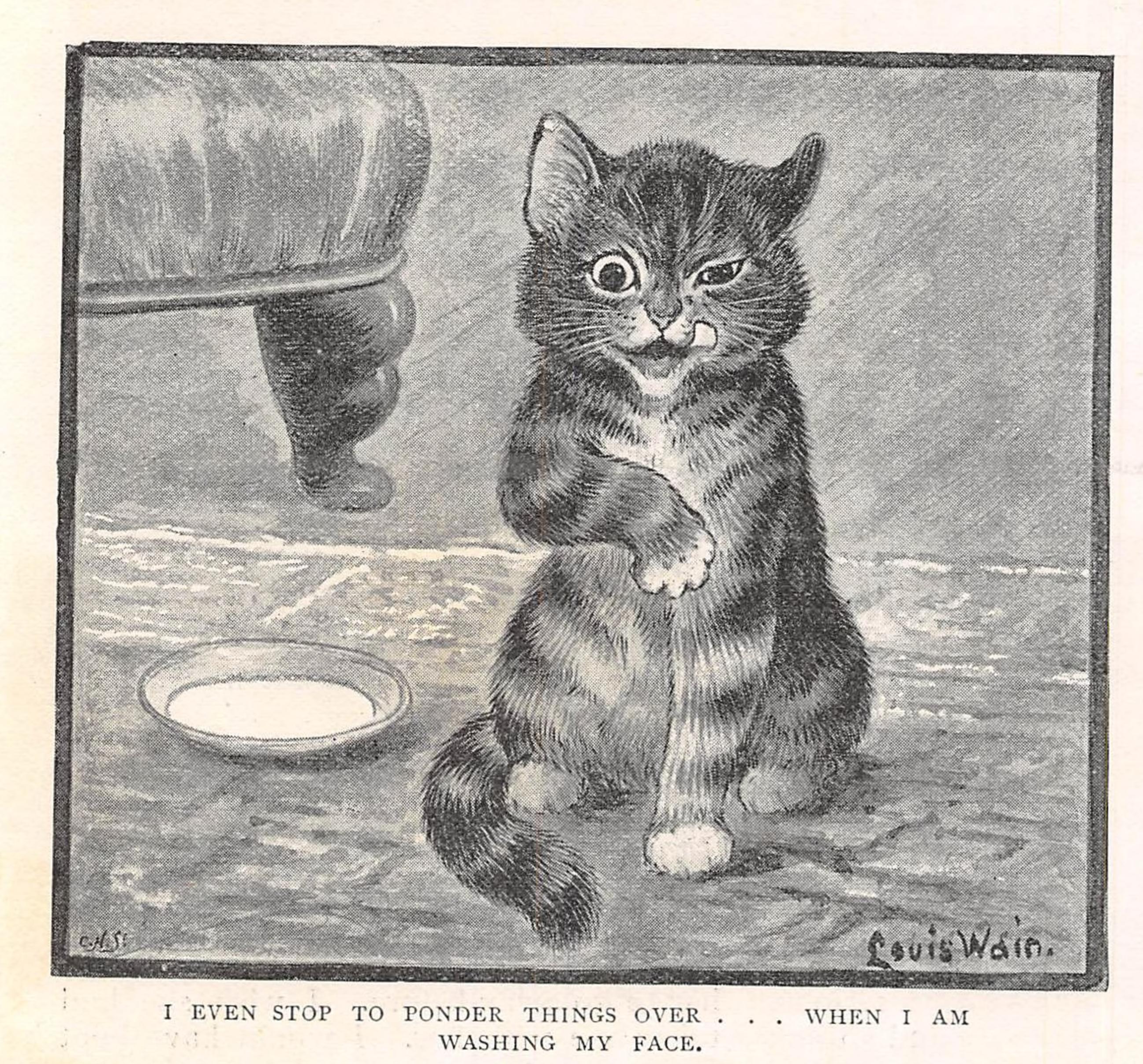 Louis Wain illustration with: 1subject, black_and_white, book, book:little_bettys_kitten, caption, cat, grooming, indoors, meta:has_source, meta:needsyear, portrait, realistic, signature, smiling, tongue_out, wink