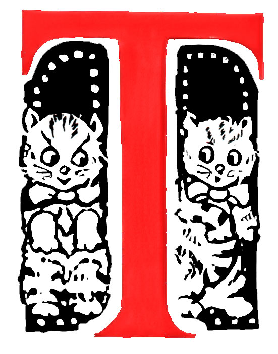 Louis Wain illustration with: 2subjects, 2tone, book:somebodys_pussies, cat, cat:tabby, clothes:bowtie, kitten, letters, meta:has_source, meta:ourscan, realistic, smiling