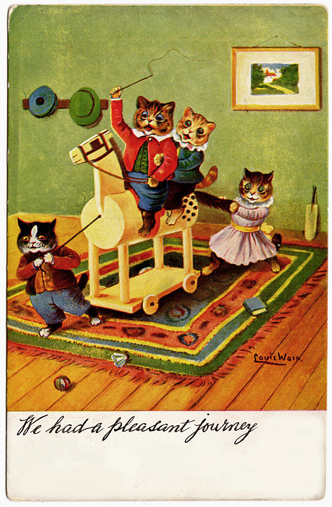 Louis Wain illustration with: 4subjects, book_item, caption, cat, cat:tabby, cat:tuxedo, clothes, color:black, color:brown, humanised, indoors, kitten, meta:needsyear, postcard, riding, signature, smiling, sports, sports:cricket, toy