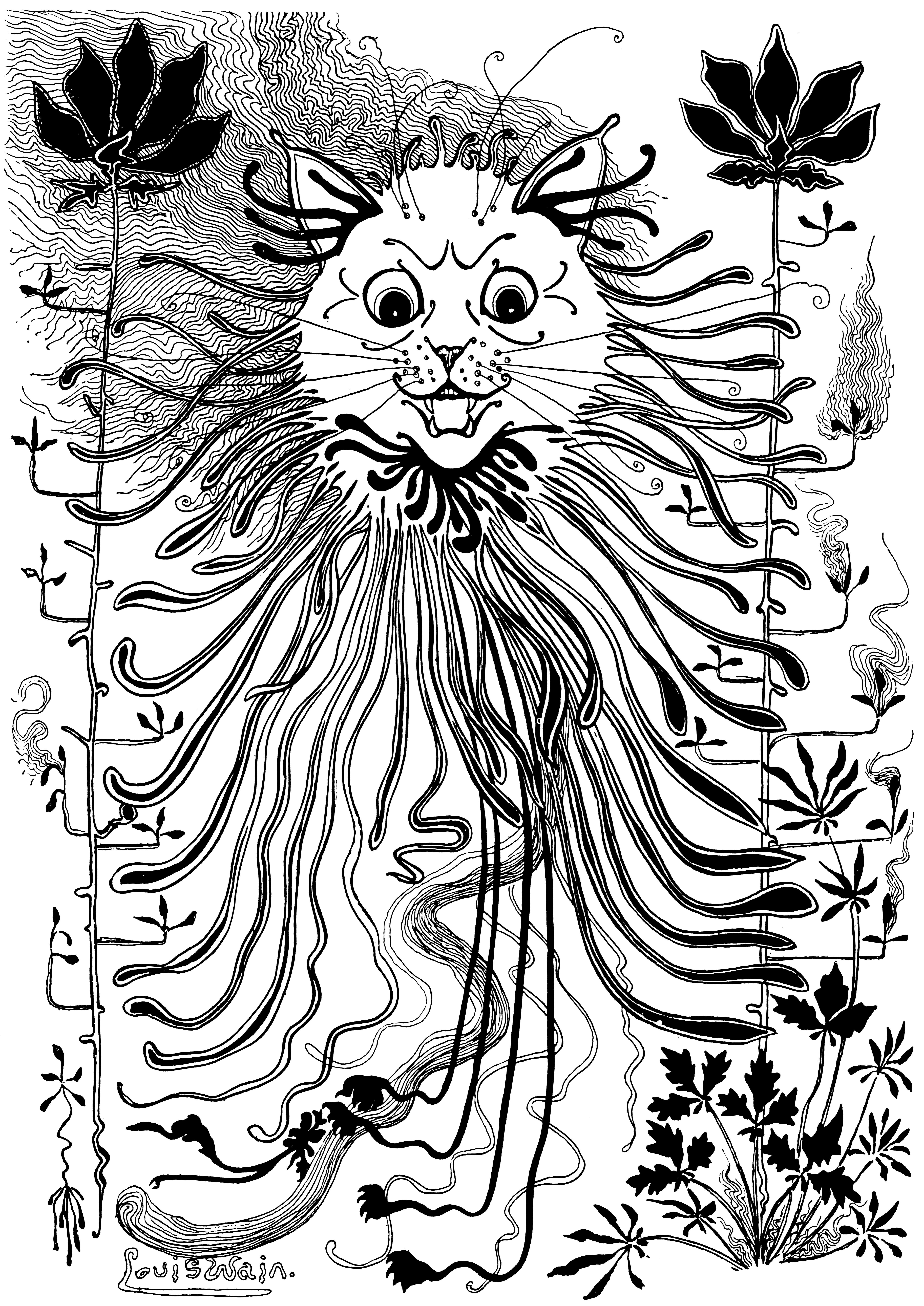 Louis Wain illustration with: 1subject, black_and_white, cat, color:white, flower, meta:featured, meta:has_source, meta:needstitle, meta:needsyear, meta:ourscan, psychedelic, signature, surreal