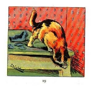 Louis Wain illustration with: 1subject, book, book:the_louis_wain_kitten_book, cat, color:orange, indoors, meta:has_source, meta:lowquality, meta:needsyear, realistic, signature