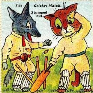 Louis Wain illustration with: 2subjects, 3panel, caption, cat, clothes, color:blue, color:grey, color:orange, dog, dog:terrier, injury, meta:lowquality, meta:needsyear, outdoors, profile, sports, sports:cricket, unhappy