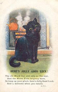 Louis Wain illustration with: 1919, 1subject, caption, cat, color:black, fortune, indoors, meta:has_source, meta:lowquality, postcard, realistic, smiling