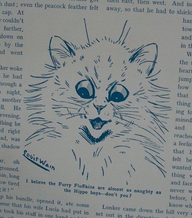 Louis Wain illustration with: 1914, 1subject, black_and_white, book, book:playbox_annual, caption, cat, color:white, humanised, meta:has_source, portrait, signature, sketch, smiling
