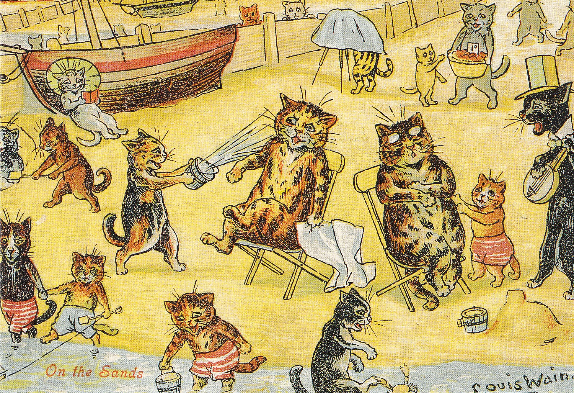 Louis Wain illustration with: beach, boat, book_item, camera, caption, carrying, cat, cat:calico, cat:tabby, cat:tuxedo, clothes, clothes:bowtie, clothes:glasses, clothes:hat, color:black, color:brown, color:orange, crab, frightened, fruit, humanised, kitten, manysubjects, meta:has_source, meta:needsyear, music:singing, music:string, outdoors, postcard, profile, reading, signature, sleeping, smiling, subject:music, toy, umbrella, unhappy