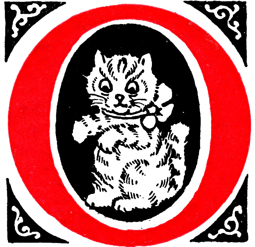 Louis Wain illustration with: 1subject, 2tone, book, book:somebodys_pussies, cat, cat:tabby, clothes:bowtie, letters, meta:has_source, meta:ourscan