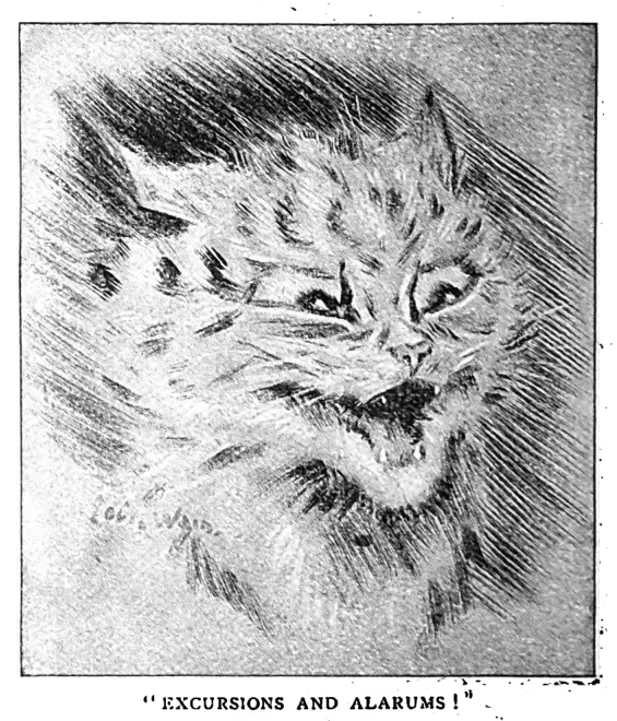 Louis Wain illustration with: 1subject, black_and_white, book, book:unknown, caption, cat, cat:tabby, color:grey, frightened, meta:needsyear, portrait, signature