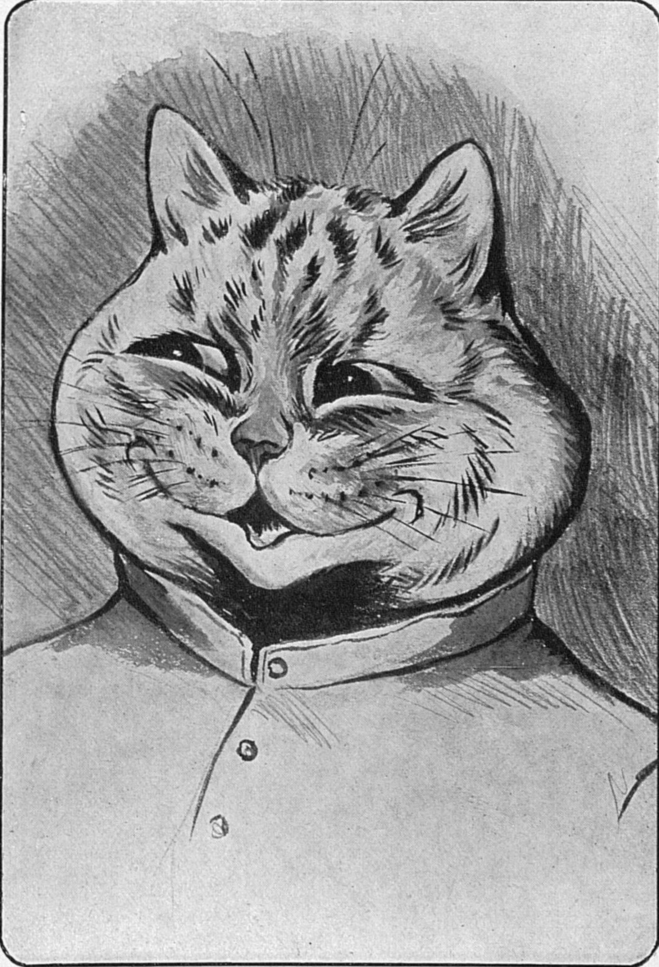 Louis Wain illustration with: 1911, 1subject, black_and_white, cat, cat:tabby, clothes, color:grey, humanised, meta:has_source, newspaper_publication, portrait, smiling