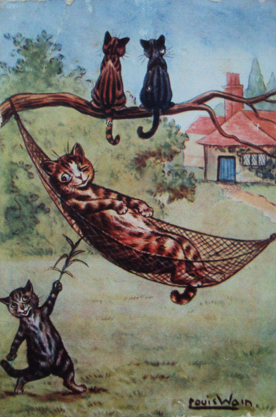 Louis Wain illustration with: 4subjects, caption, cat, cat:tabby, color:blue, color:brown, color:grey, house, humanised, meta:has_source, meta:needsyear, outdoors, postcard, signature, smiling, swing, wink