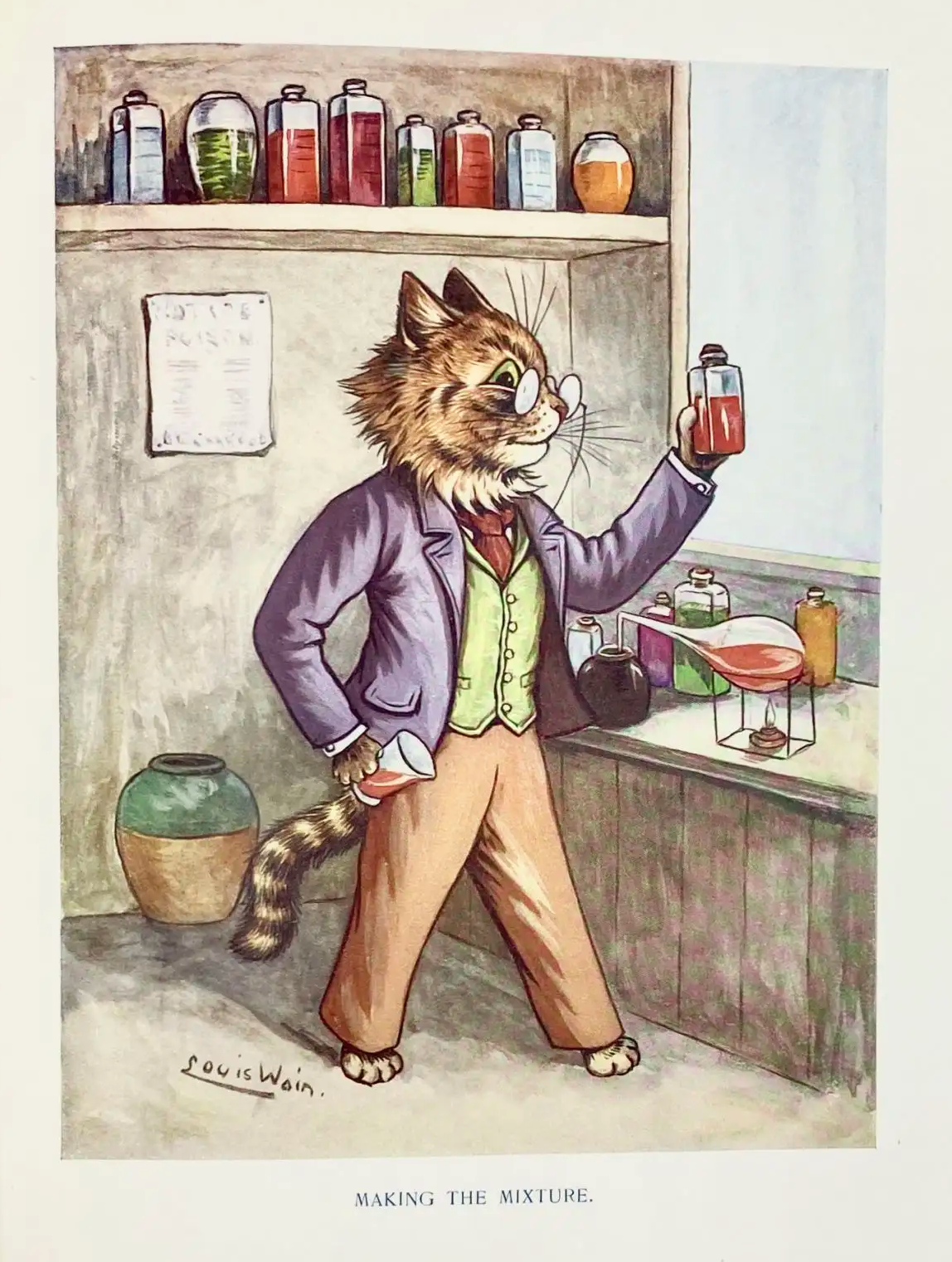 Louis Wain illustration with: 1subject, book, book:unknown, cat, cat:tabby, clothes, clothes:glasses, color:brown, humanised, indoors, meta:needsyear, profile, sign, signature, smiling