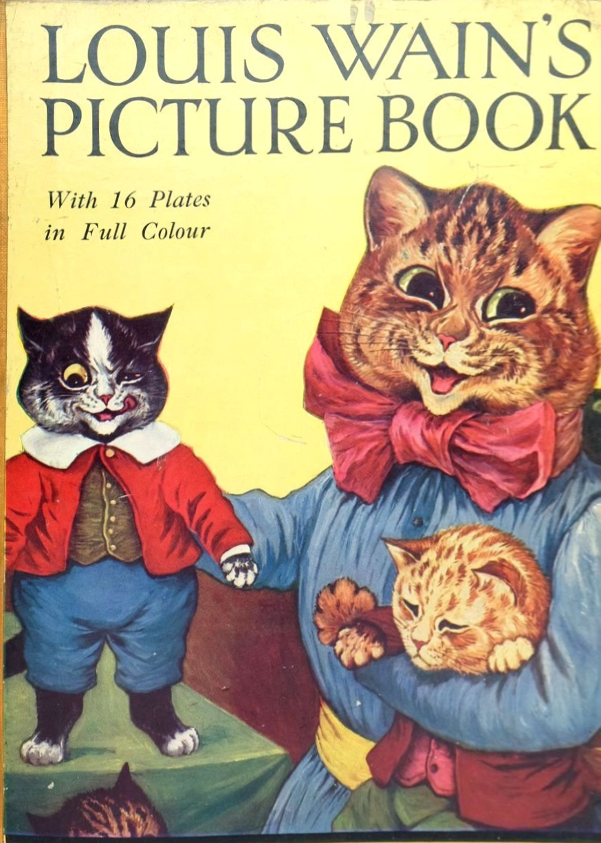 Louis Wain illustration with: 4subjects, book, book:louis_wains_picture_book, book_cover, cat, cat:tabby, cat:tuxedo, clothes, clothes:bowtie, color:black, color:brown, color:orange, humanised, indoors, kitten, meta:has_source, meta:needsyear, smiling, tongue_out, wink