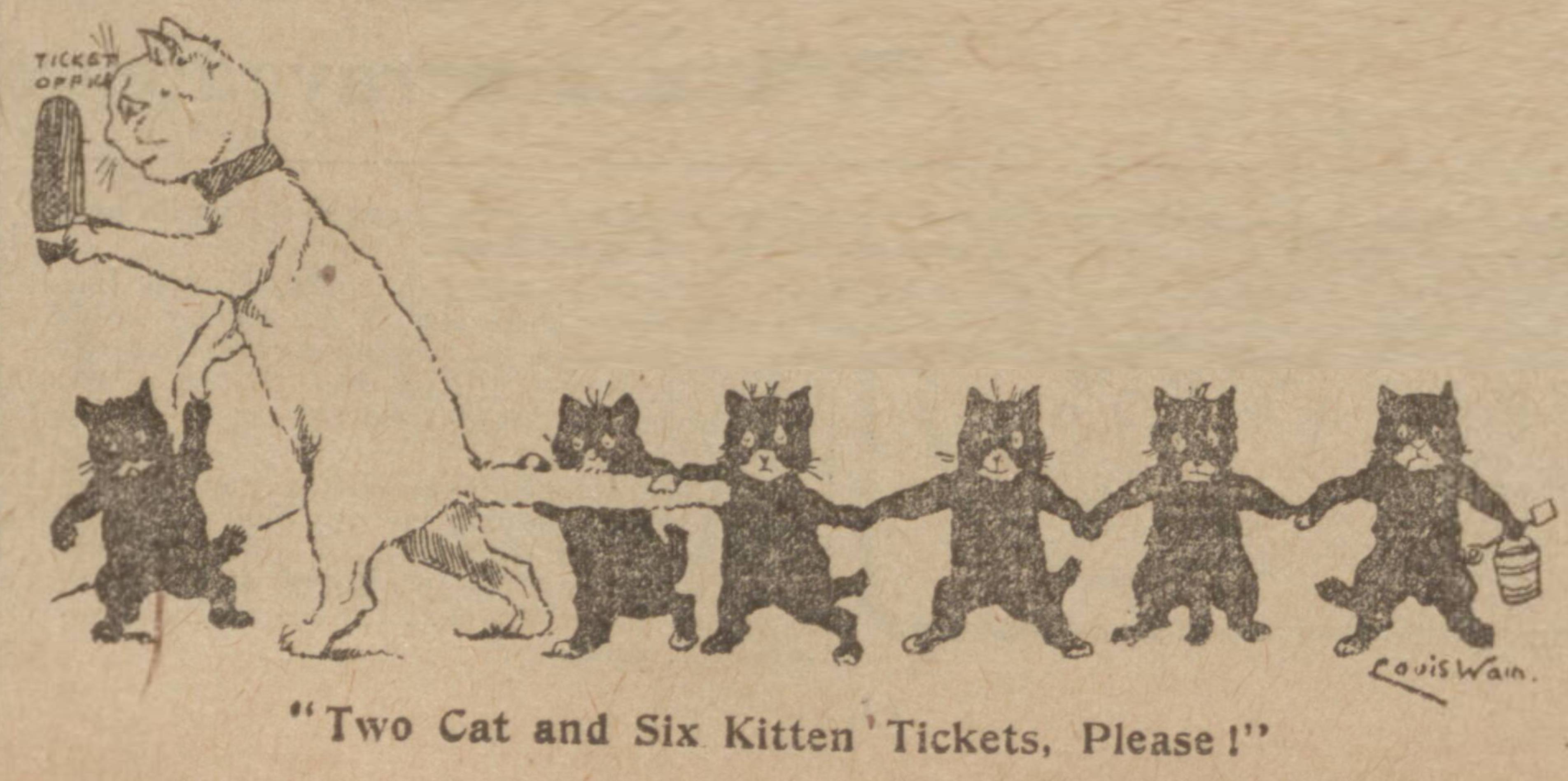 Louis Wain illustration with: 7subjects, black_and_white, caption, cat, cat:tuxedo, color:black, color:white, humanised, kitten, meta:has_source, meta:needsyear, newspaper_publication, profile, sign, signature, smiling