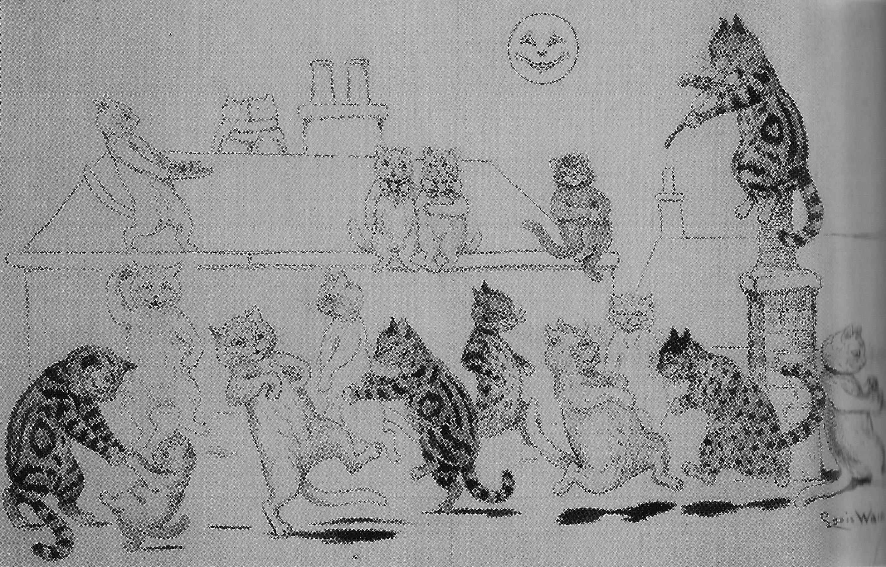 Louis Wain illustration with: black_and_white, carrying, cat, cat:tabby, clothes:bowtie, color:grey, color:white, humanised, manysubjects, meta:has_source, meta:needsyear, meta:ourscan, meta:scan_artifact, moon, music:dancing, music:string, outdoors, profile, roof, shadow, signature, smiling, spotted, subject:love, subject:music, tongue_out