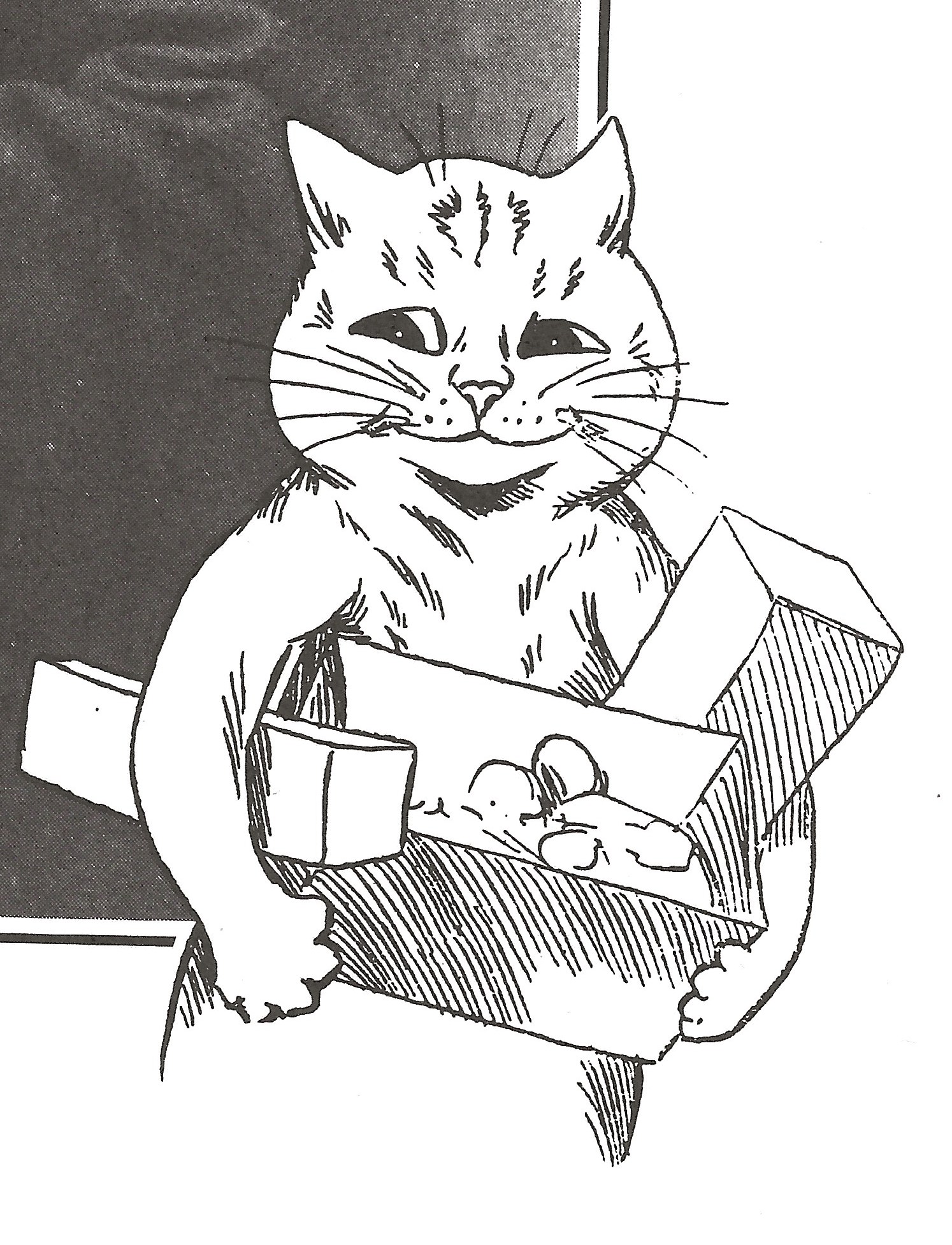 Louis Wain illustration with: 1subject, black_and_white, book, carrying, cat, cat:tabby, color:white, humanised, meta:has_source, meta:modified, meta:needstitle, meta:needsyear, meta:ourscan, portrait, smiling