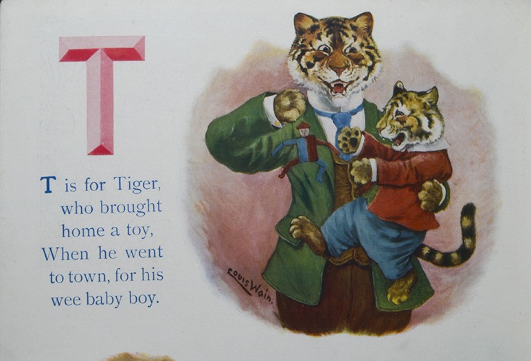 Louis Wain illustration with: 1903, 2subjects, book, book:comic_animals_abc, caption, carrying, clothes, humanised, kitten, meta:has_source, meta:lowquality, profile, signature, smiling, tiger, toy