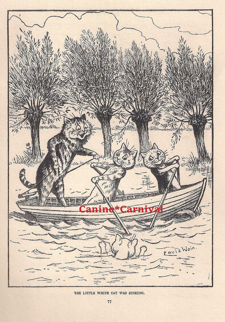 Louis Wain illustration with: 4subjects, black_and_white, boat, book, book:unknown, cat, cat:tabby, color:white, humanised, meta:has_source, meta:needsyear, meta:watermark, outdoors, smiling