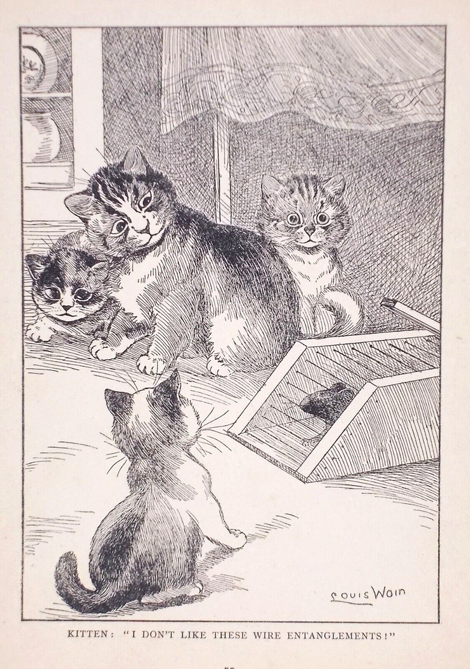 Louis Wain illustration with: 1915, 4subjects, black_and_white, book, caption, cat, cat:tabby, indoors, kitten, meta:has_source, mouse, mousetrap, signature, smiling