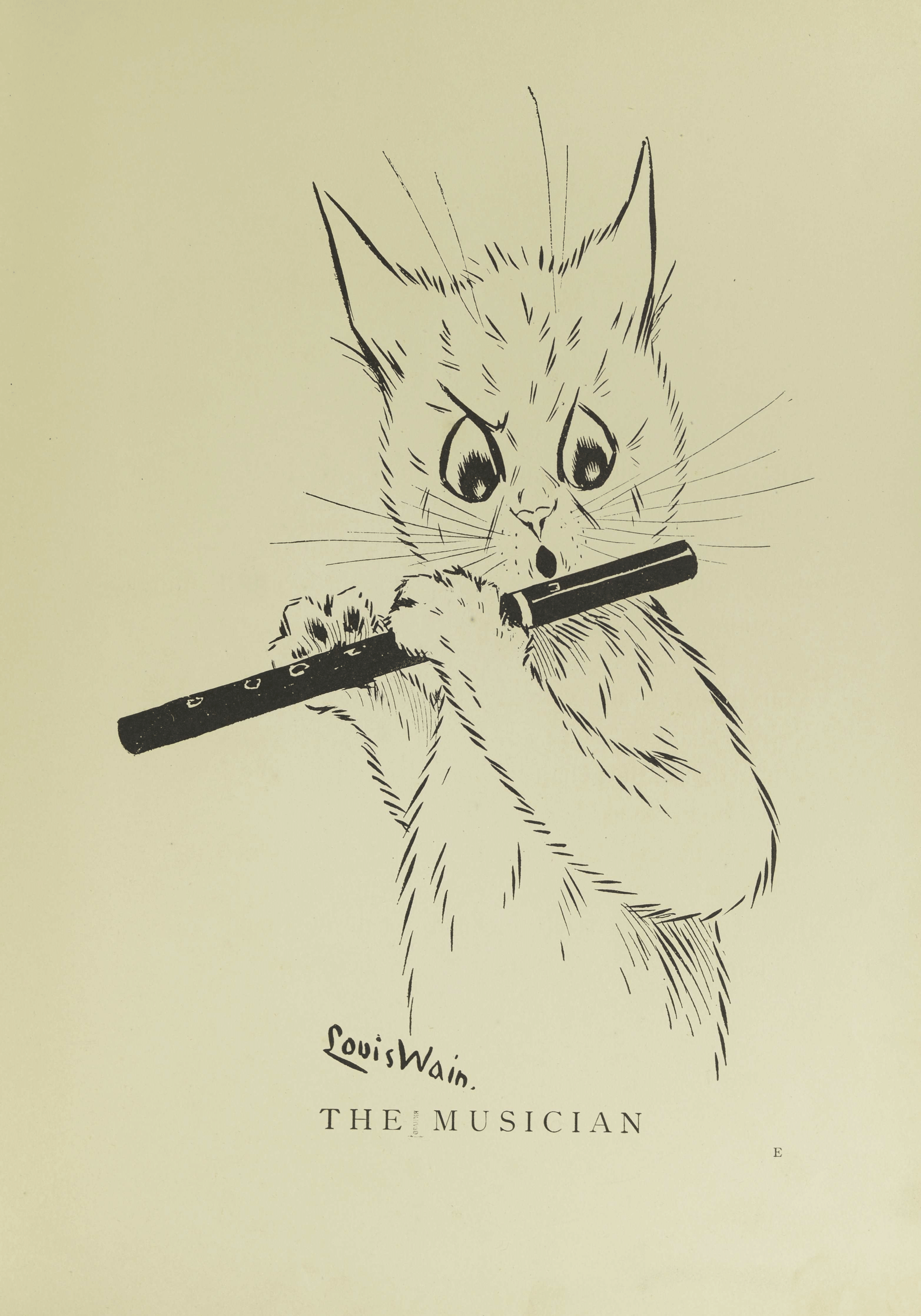 Louis Wain illustration with: 1901, 1subject, black_and_white, book, book:cats, caption, cat, color:white, humanised, music:wind, portrait, signature, subject:music