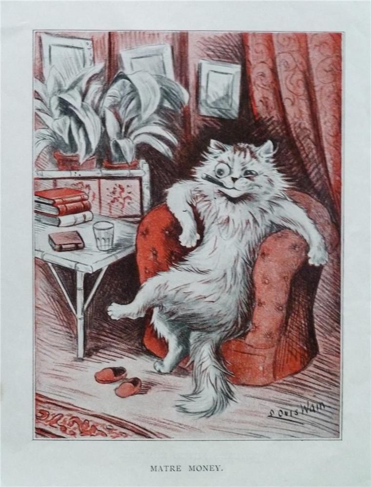 Louis Wain illustration with: 1subject, 2tone, book, book:unknown, book_item, caption, cat, clothes:monocle, color:white, humanised, indoors, meta:has_source, meta:lowquality, meta:needsyear, signature, smiling, smoking